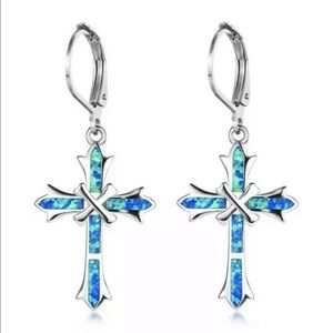 925 Silver Earrings Cross Blue Fire Opal